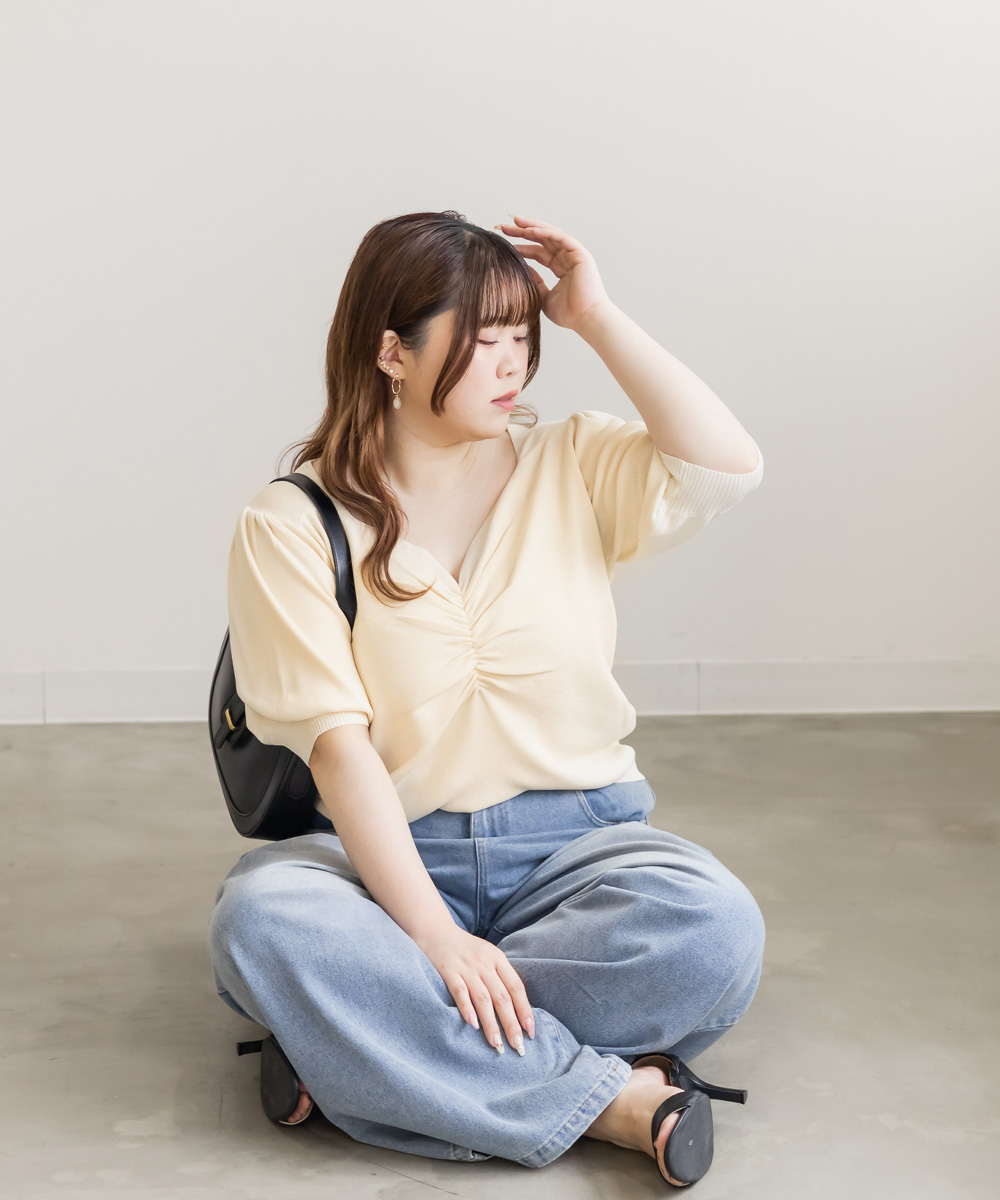 CLETTEオリジナル★シャーリングハートネック半袖ニット