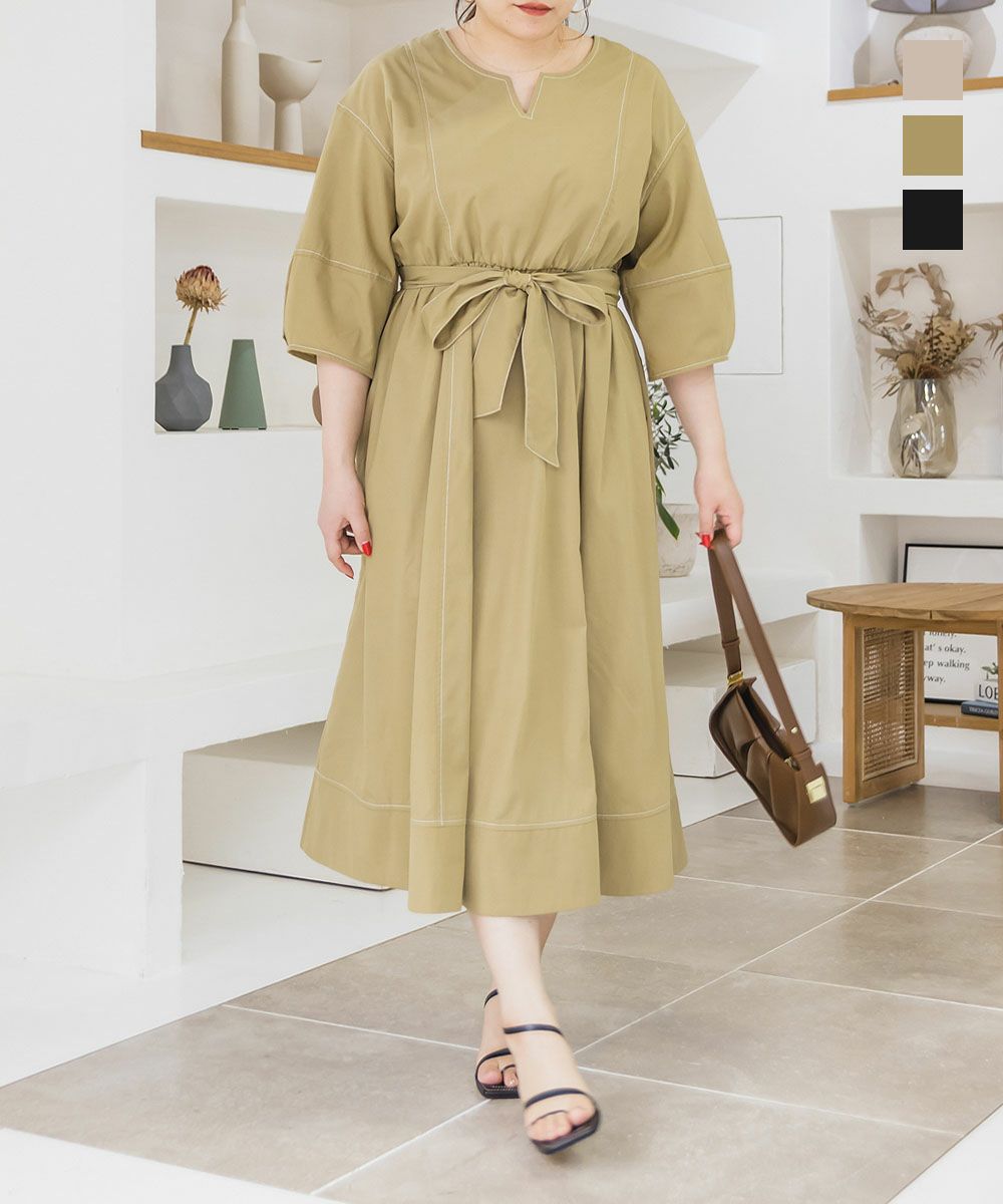 Cletteオリジナル 配色ステッチウエストリボンワンピース 大きいサイズ レディース専門店 Clette クレット 公式