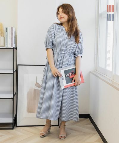 サイドリボンストライプワンピース 大きいサイズ レディース専門店 Clette クレット 公式