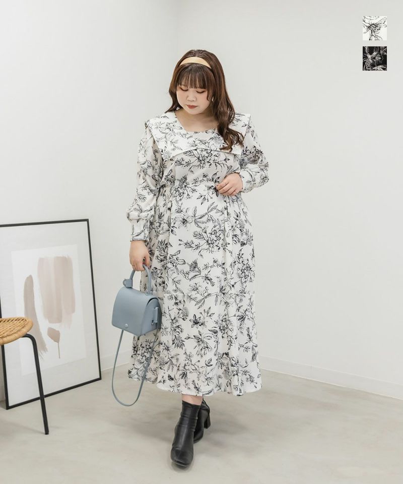 CLETTEオリジナル★モノトーン花柄スクエアカラーワンピース | 大きいサイズ レディース専門店 CLETTE(クレット)【公式】