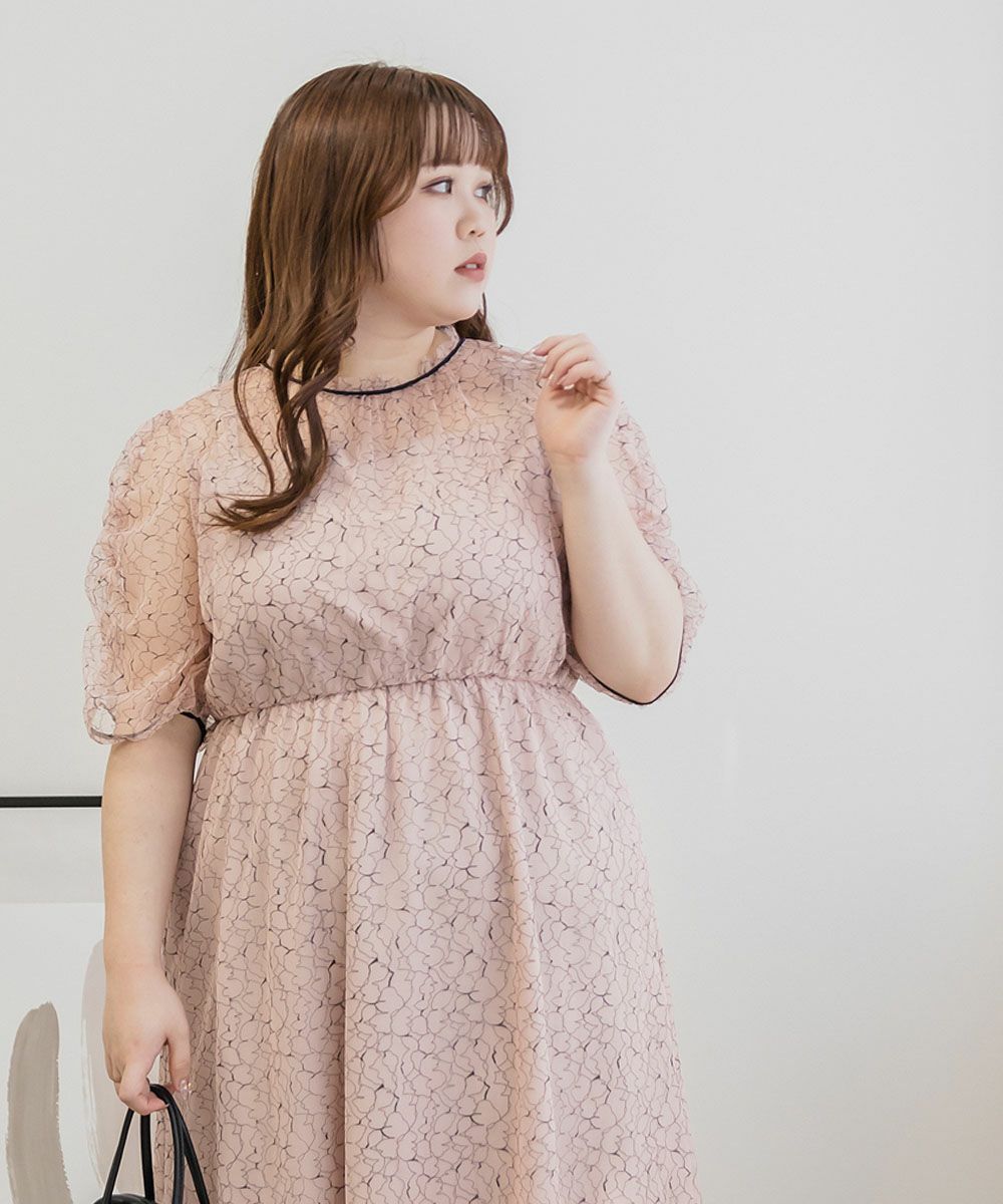 バックリボン配色レースワンピースドレス | 大きいサイズ  