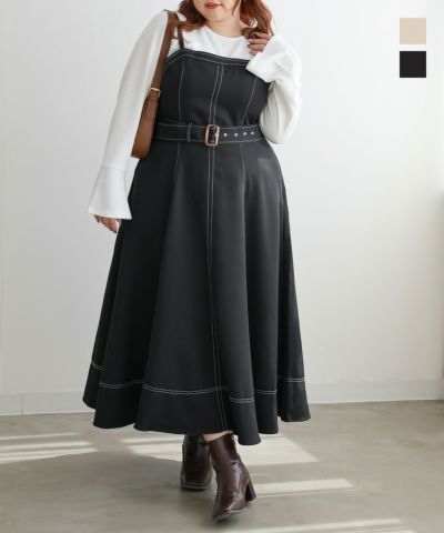 CLETTEオリジナル☆配色ステッチフレアワンピース | 大きいサイズ