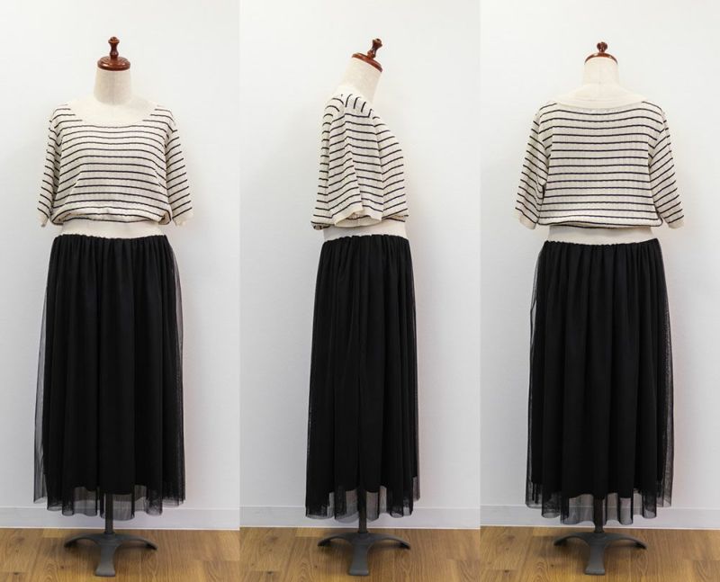 S41:新品❣️ ボーダー柄ワンピースニット チュール付き ベージュ サイズ42 S41:新品❣️ ボーダー柄ワンピースニット チュール付き