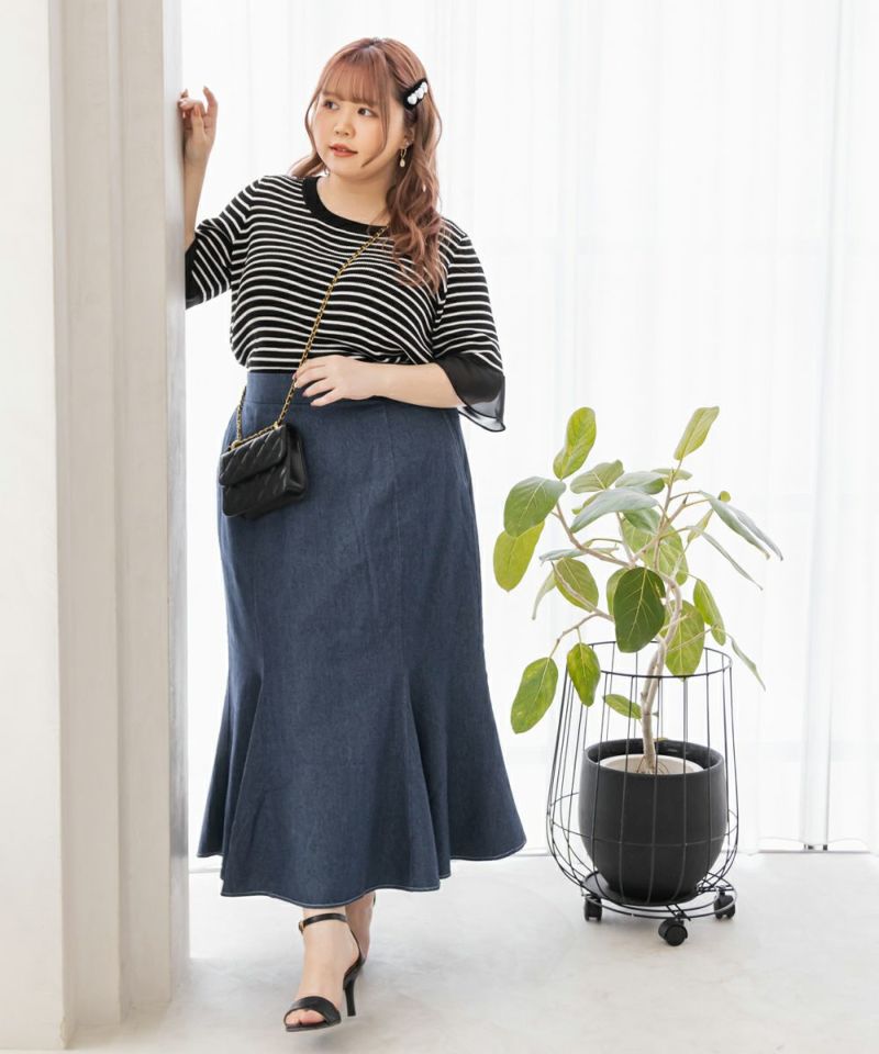 大人気新品 CLETTEオリジナル☆袖シフォンボーダーサマーニット | 大きい トップス