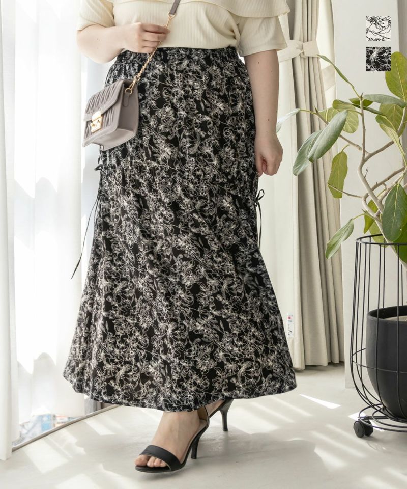 純正人気花柄スカート　シャーリングデザイン　ギャザー　ウエストゴム　イタリアインポート ロングスカート
