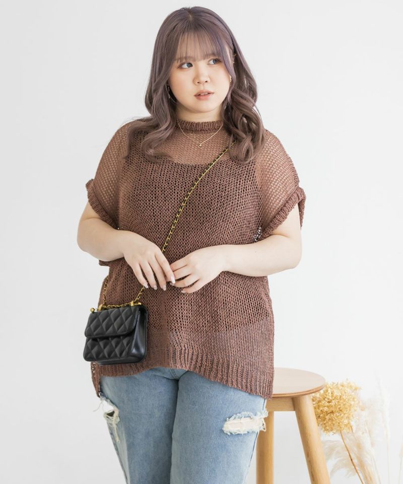 高身長 起毛糸透かし編ニットプルオーバー（トールサイズ