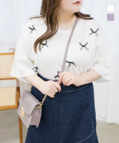 リボン刺繍半袖サマーニット | 大きいサイズ レディース専門店