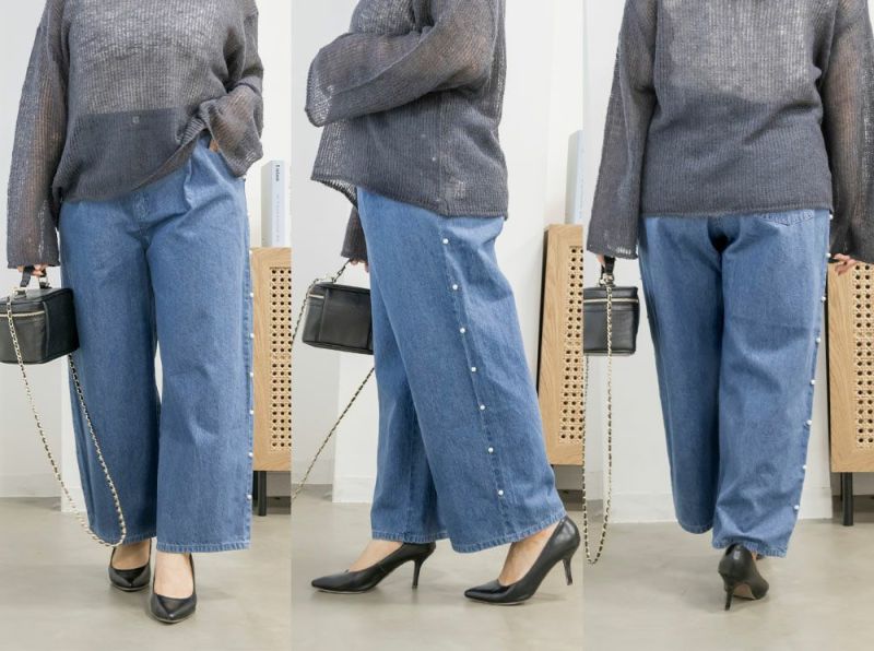 サイドパールデニムワイドパンツ | 大きいサイズ レディース専門 サイドパールデニムワイドパンツ | 大きいサイズ レディース専門