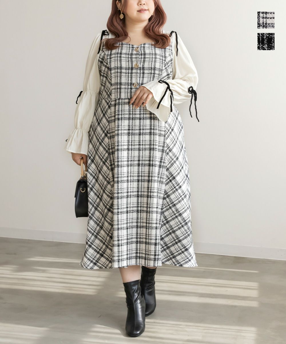 CLETTEオリジナル☆袖リボンチェック柄ツイードワンピース | 大きい  