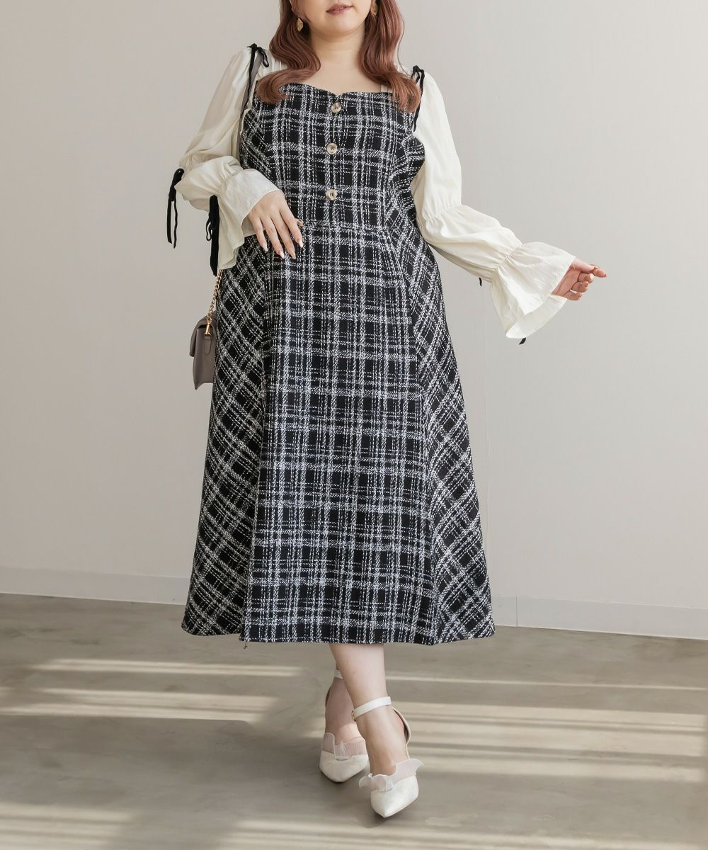 CLETTEオリジナル☆袖リボンチェック柄ツイードワンピース | 大きい  