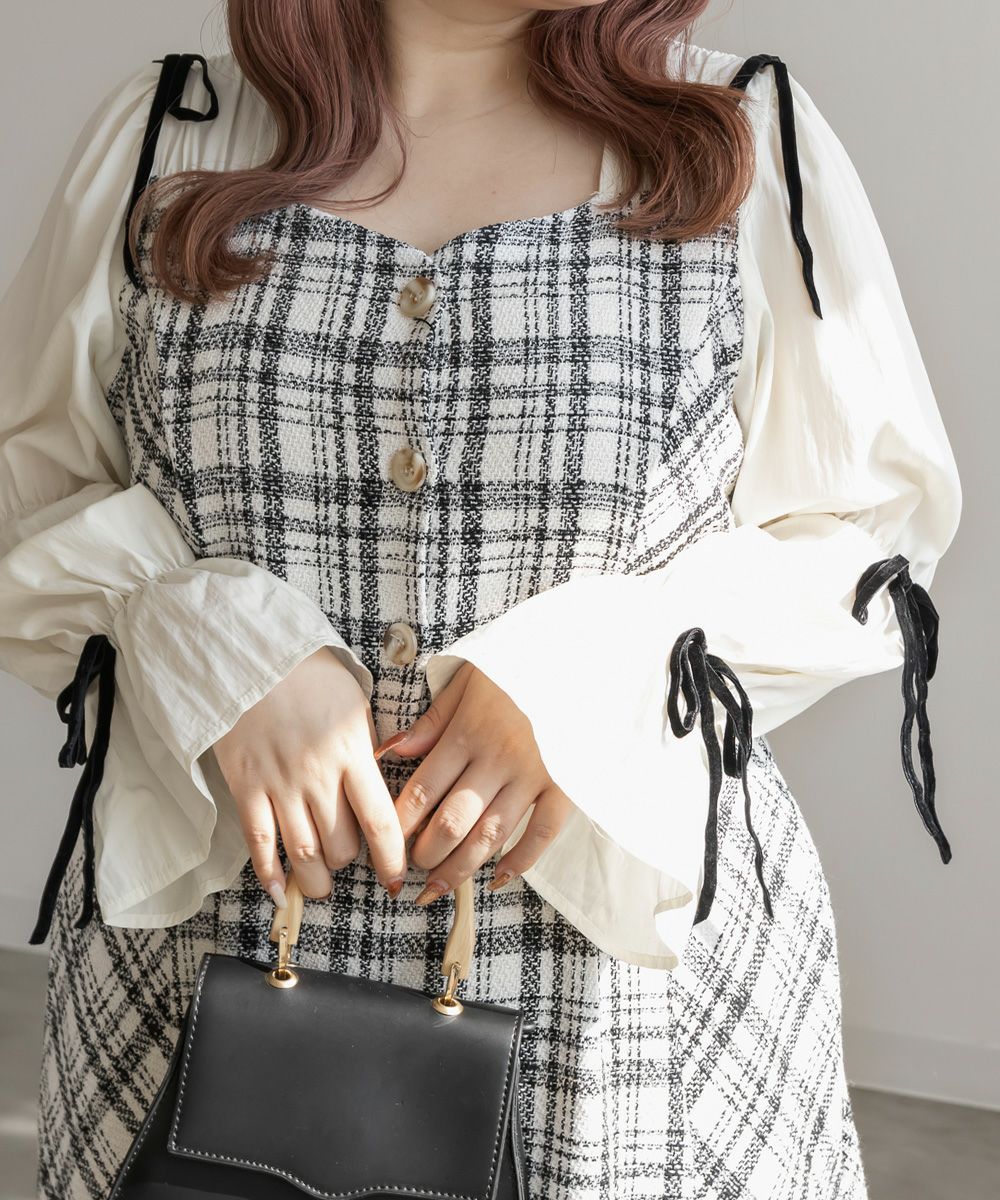 CLETTEオリジナル☆袖リボンチェック柄ツイードワンピース | 大きい  