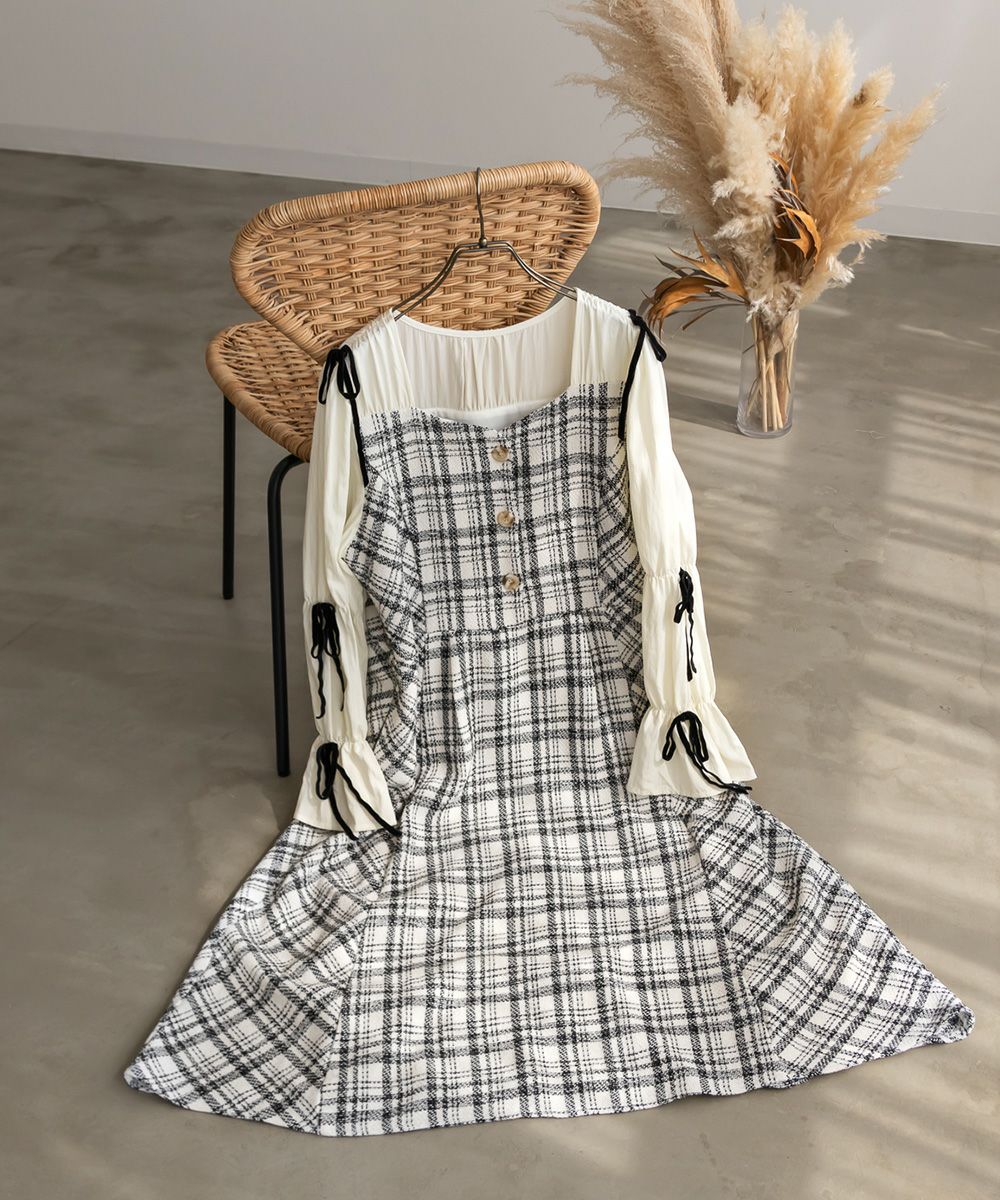 CLETTEオリジナル☆袖リボンチェック柄ツイードワンピース | 大きい  