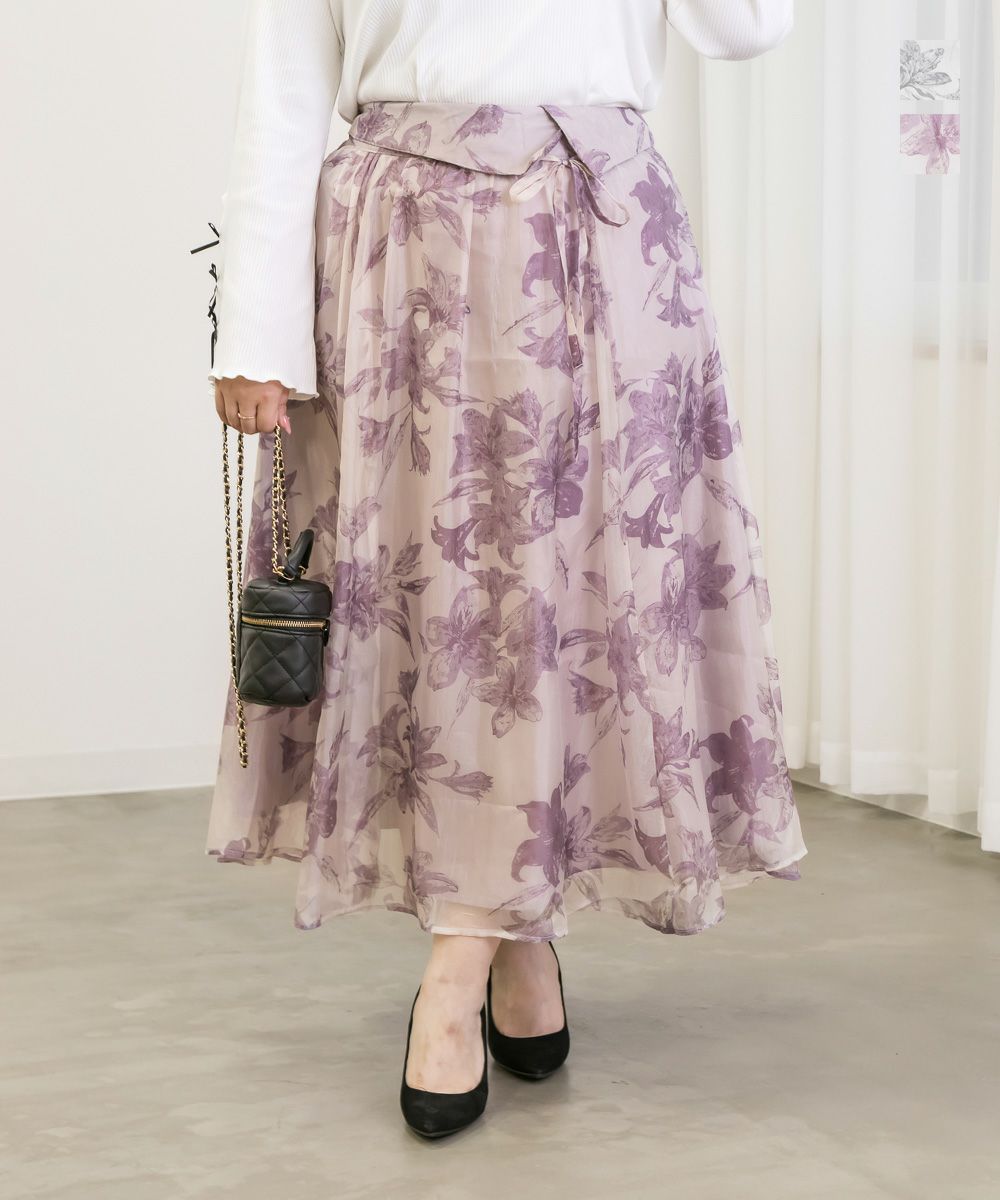 デザインウエストオーガンジー花柄スカート | 大きいサイズ レディース  
