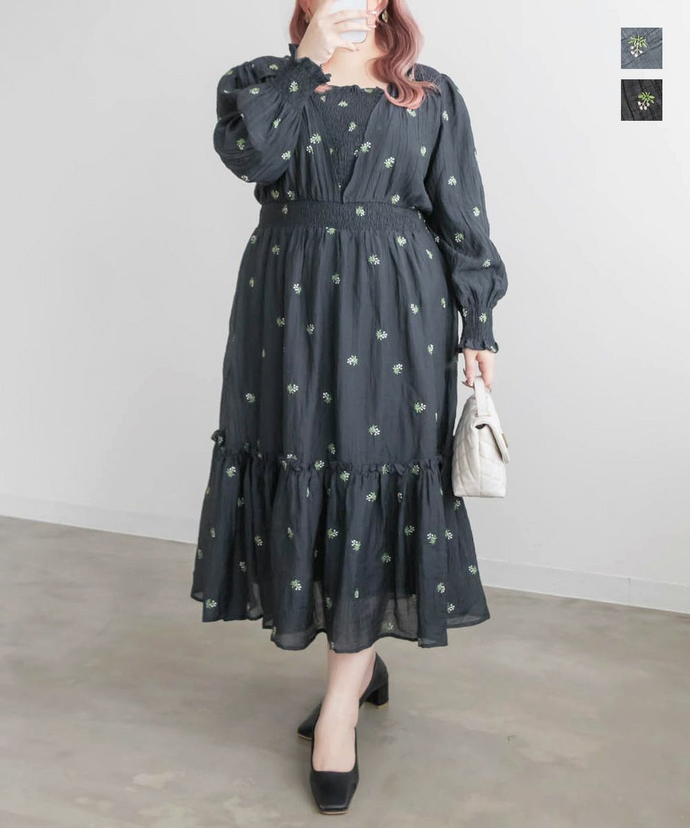 CLETTEオリジナル☆花柄刺繍シャーリングワンピース | 大きいサイズ  