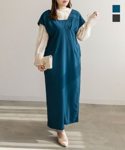 CLETTE バックリボンレースワンピースドレス ブルー LL 大きいサイズ レディース バックリボン配色レースワンピース