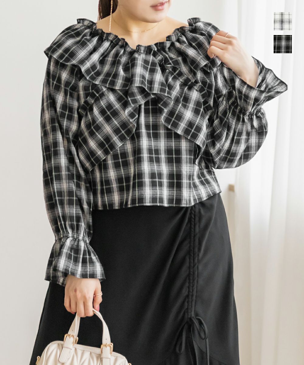 チェック柄クロスフリルブラウス | 大きいサイズ レディース専門店