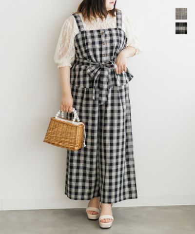 チェック柄ウエストベルト付きビスチェ＆ワイドパンツセット