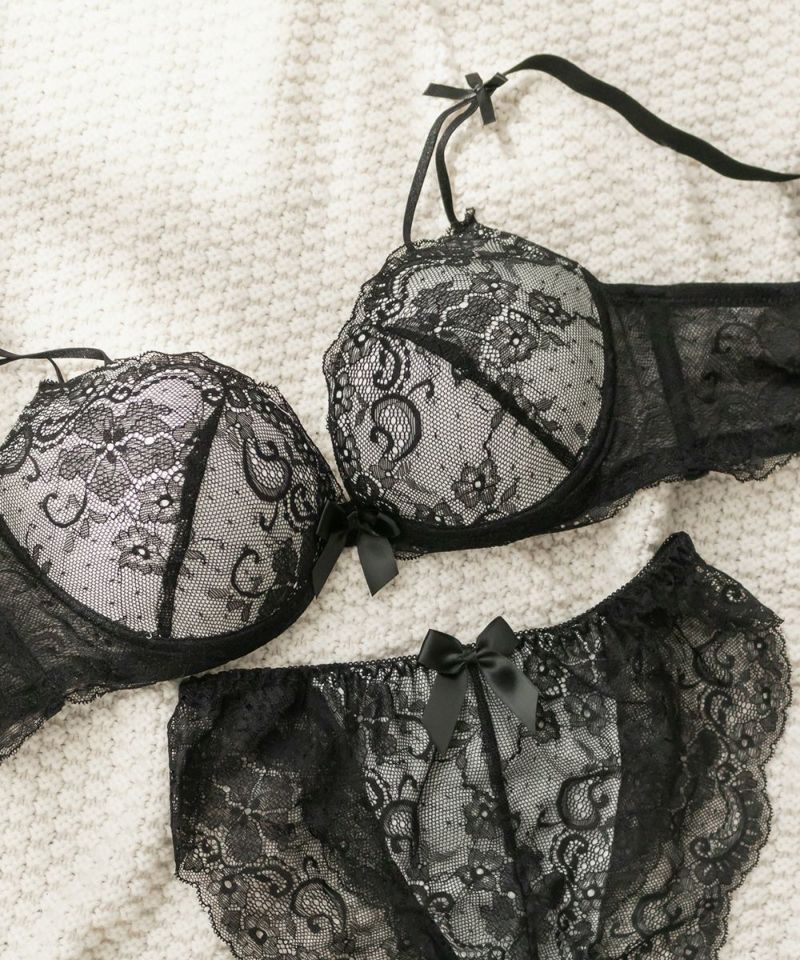 脇高リボン使いレースブラジャー＆ショーツセット | 大きい
