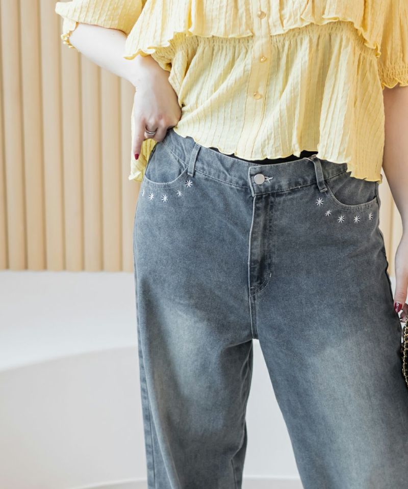 フラワー刺繍デニムワイドパンツ | 大きいサイズ レディース専門