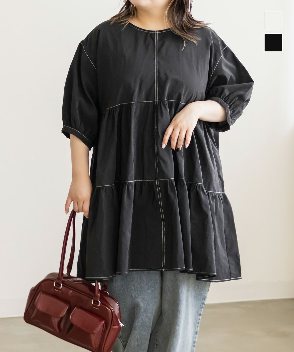 配色ステッチティアードチュニックブラウス | 大きいサイズ レディース