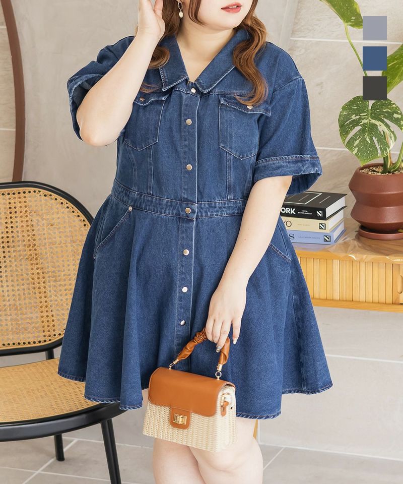 大きいサイズ/レディース/LL/3L/4L/CLETTEオリジナル★サファリ風デニムミニワンピース CLETTEオリジナル☆サファリ風デニムミニワンピース | 大きいサイズ