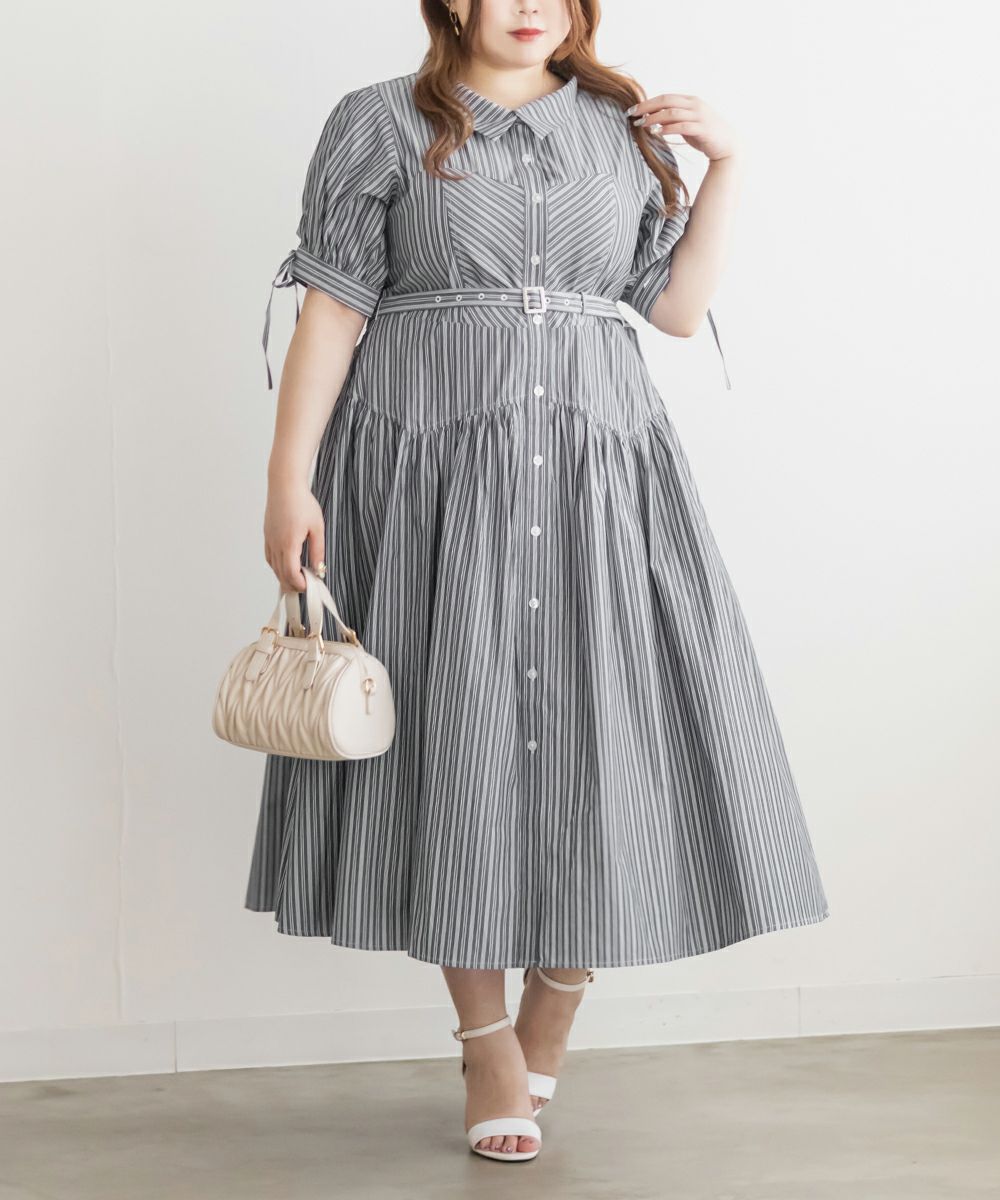 CLETTEオリジナル切替デザインストライプシャツワンピース | 大きい