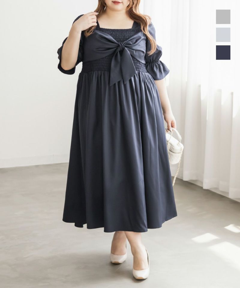 clette クレット リボン シャーリング ワンピース チェック　4XL CLETTEオリジナル☆リボン付きシャーリングワンピース | 大きい