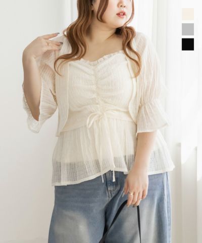 大きいサイズ レディース クレット　3L　4L　大きいサイズ　透け　羽織　セットアップ　アンサンブル　キャミソール　シャーリング　トップス 大きいサイズ レディース クレット 大きいサイズ ぽっちゃり