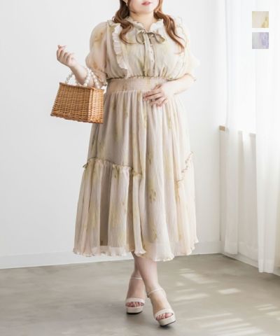 新品＊CREDONA ピンタック フリル マキシワンピース オリーブ F CLETTEオリジナルぼかし花柄フリルワンピース | 大きいサイズ