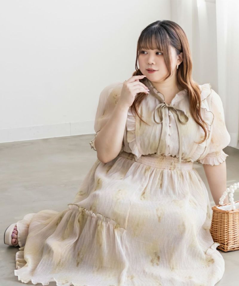 新品＊CREDONA ピンタック フリル マキシワンピース オリーブ F CLETTEオリジナルぼかし花柄フリルワンピース | 大きいサイズ