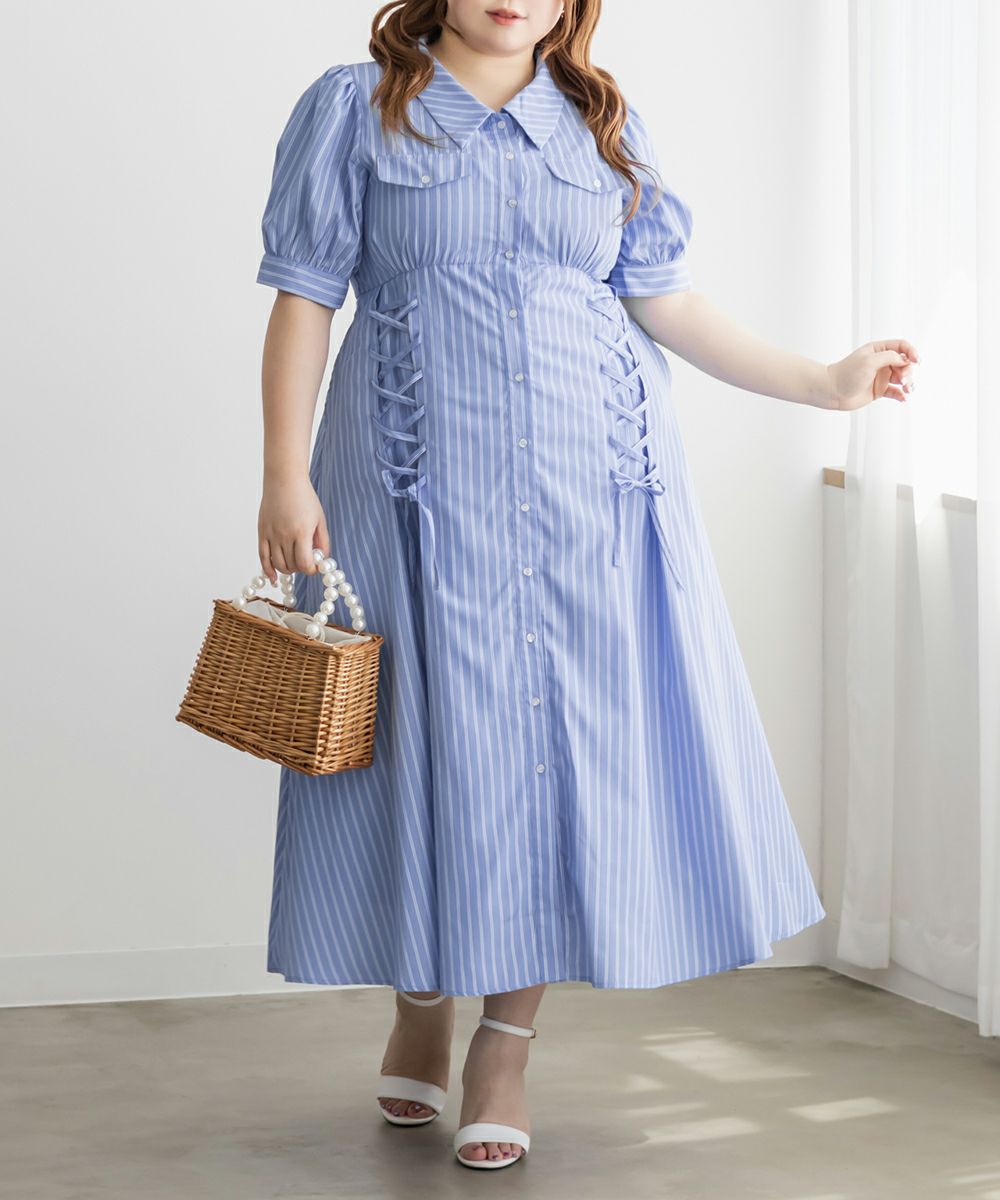 CLETTEオリジナルストライプ柄レースアップデザインシャツワンピース