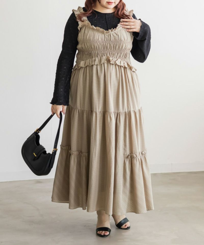 CLETTE オリジナルフリルデザインシャーリングキャミワンピース 4L CLETTEオリジナルフリルデザインシャーリングキャミワンピース