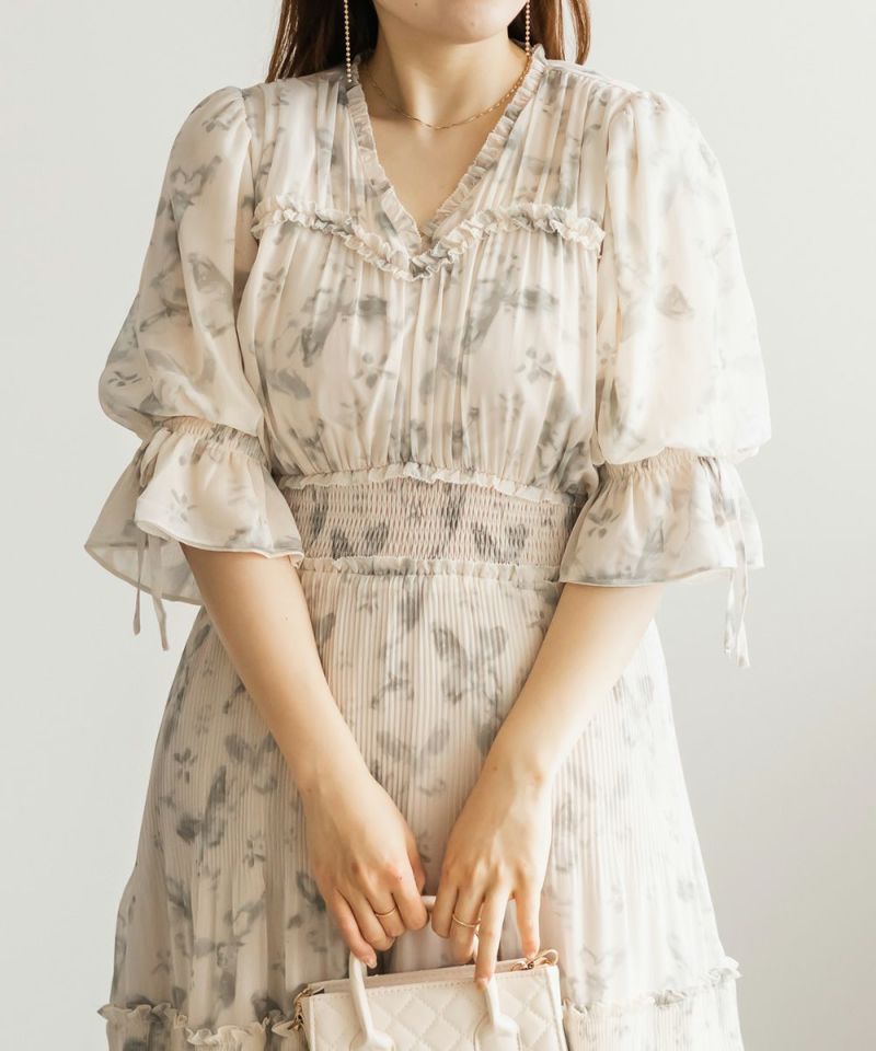 CLETTEオリジナルバタフライ柄フリル使いプリーツワンピ―ス