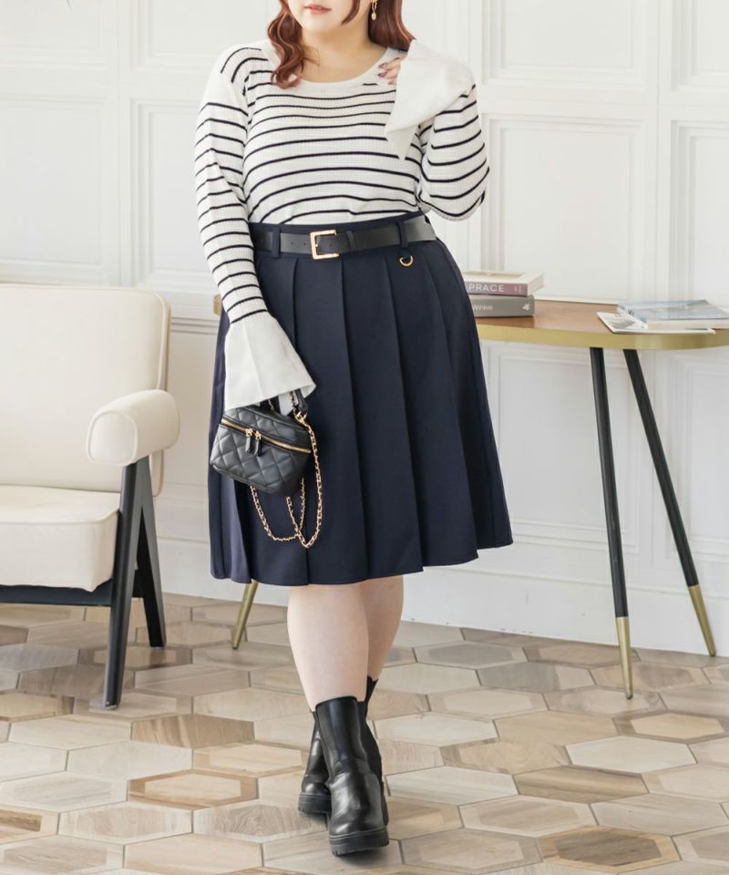 CLETTEオリジナルベルト付きミディ丈プリーツスカート | 大きいサイズ