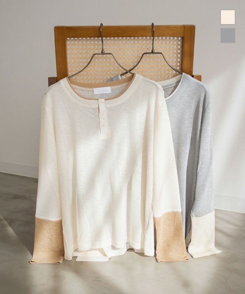 配色ヘンリーネックレイヤード風シアートップス | 大きいサイズ
