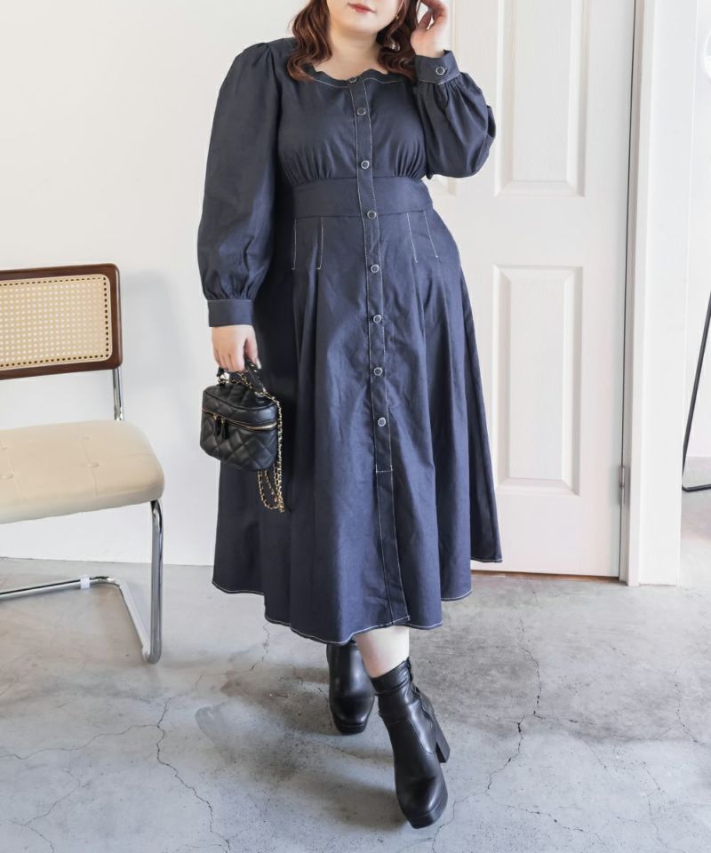 CLETTEオリジナル配色ステッチスクエアネックワンピース | 大きい