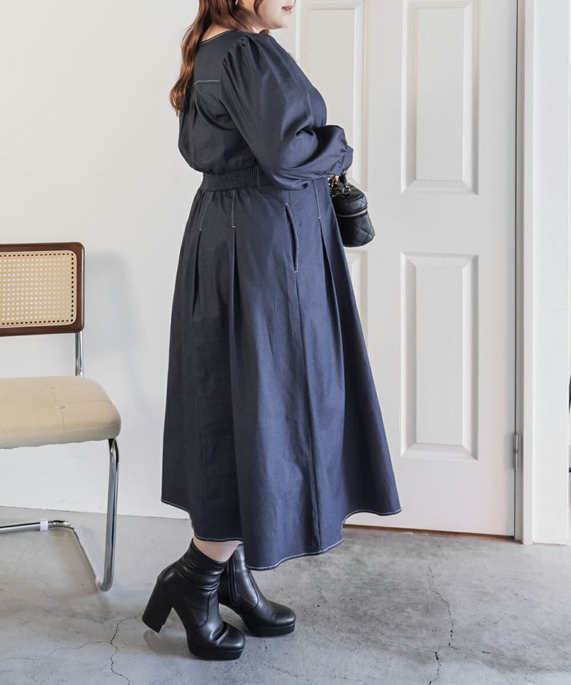 CLETTEオリジナル配色ステッチスクエアネックワンピース | 大きい