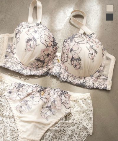 脇高花柄刺繍ブラジャー＆ショーツセット | 大きいサイズ レディース