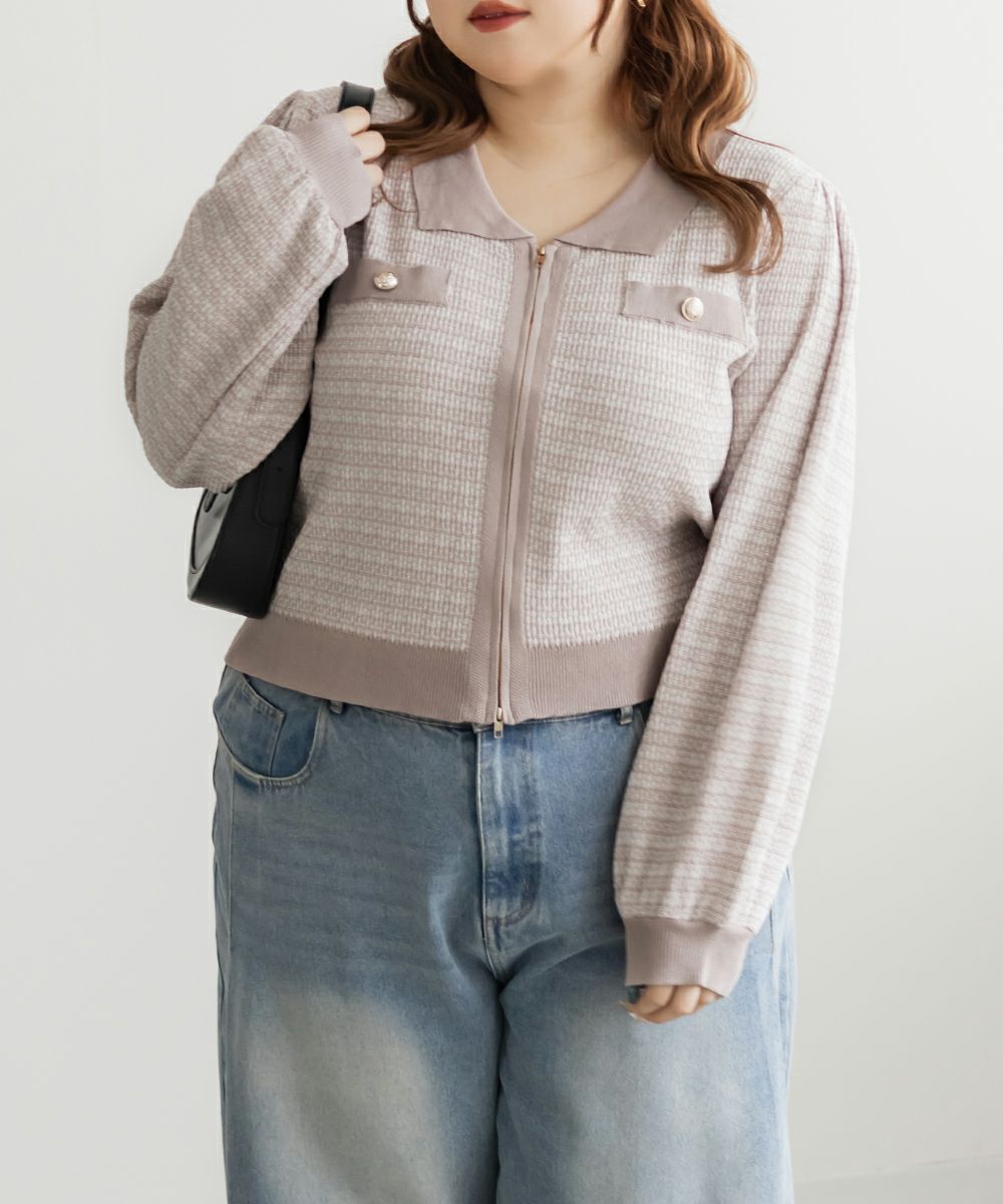 CLETTEオリジナルツイード風ジップニットカーディガン | 大きいサイズ
