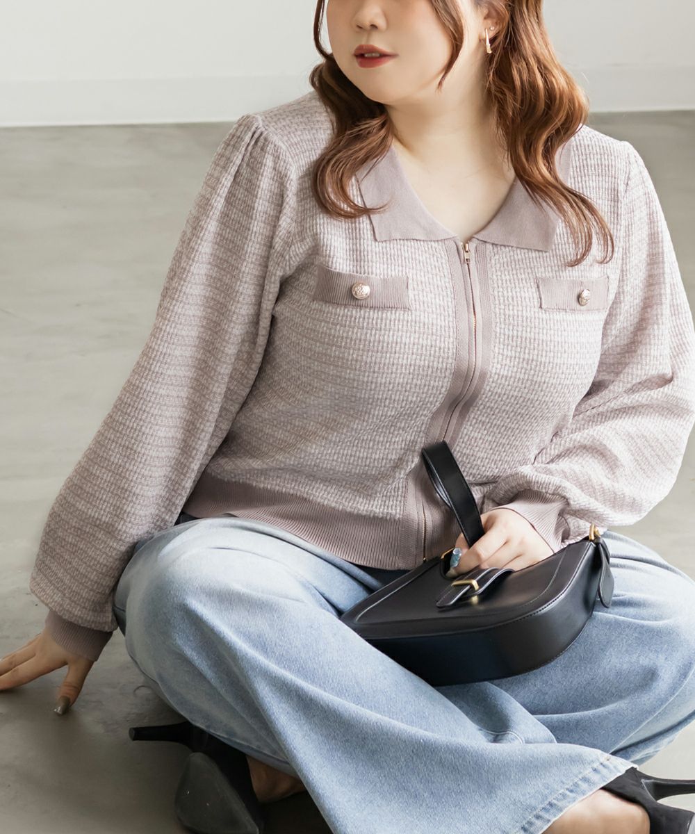 CLETTEオリジナルツイード風ジップニットカーディガン | 大きいサイズ