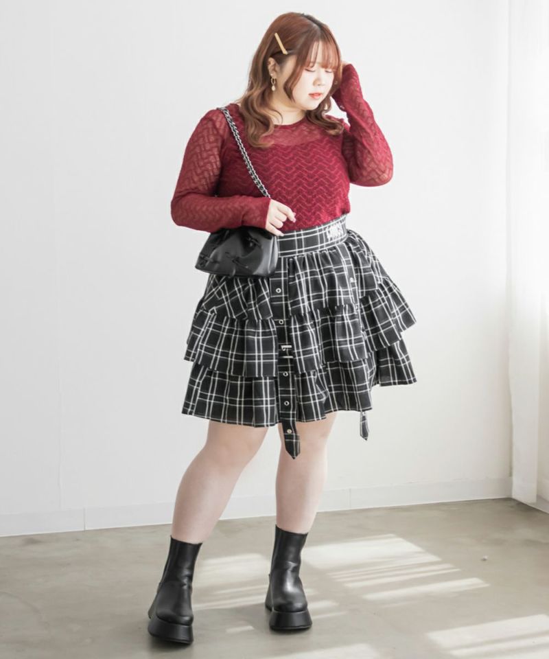 チェック柄デザインベルトフリルミニスカート | 大きいサイズ