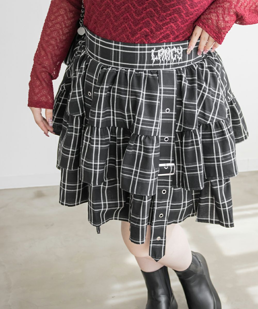 チェック柄デザインベルトフリルミニスカート | 大きいサイズ