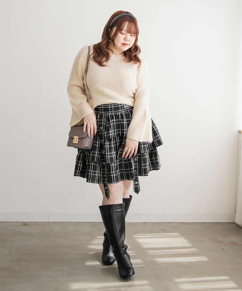 チェック柄デザインベルトフリルミニスカート | 大きいサイズ