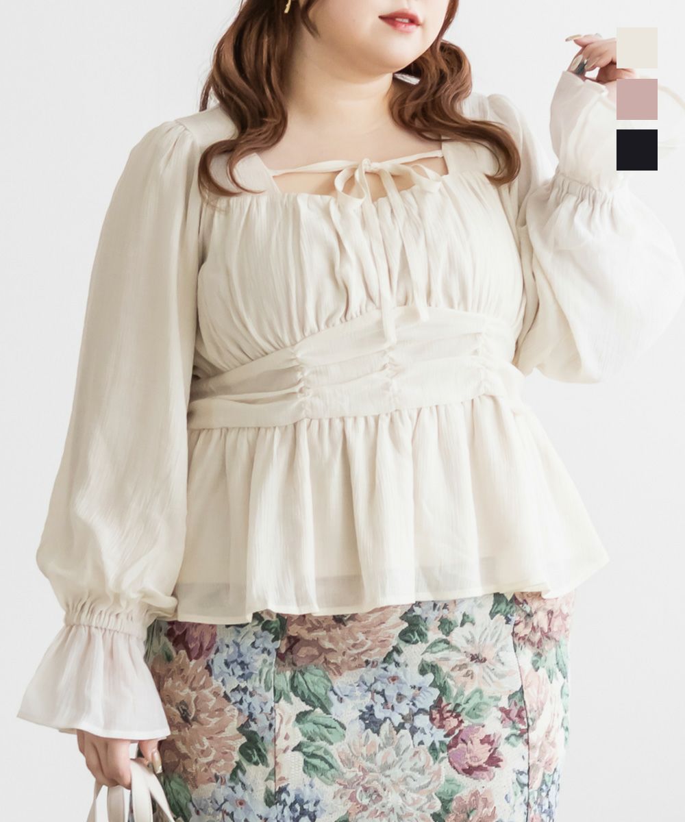 CLETTEオリジナルデコルテリボンギャザーブラウス | 大きいサイズ