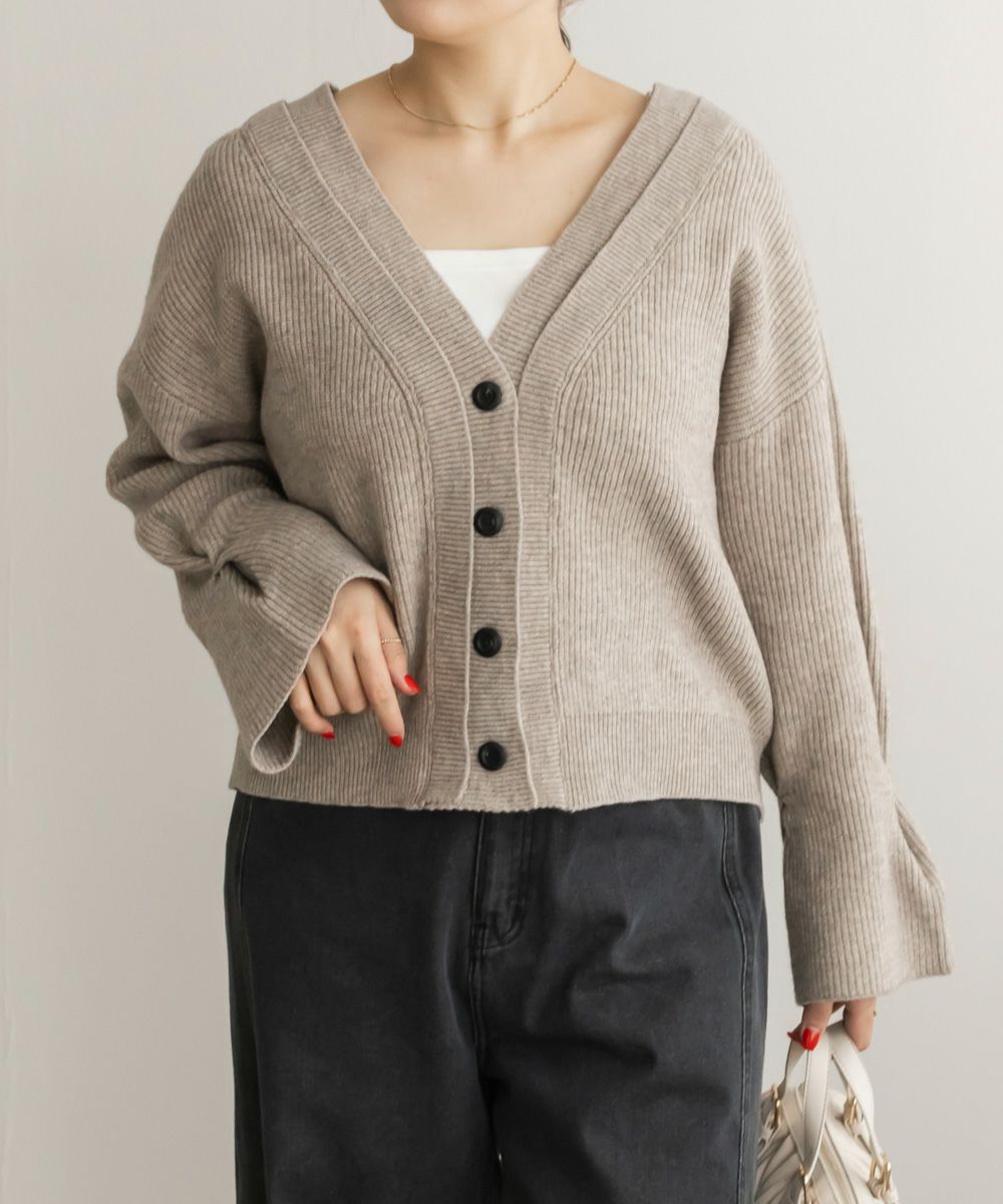ベージュ Vネック カーディガン 重ねリブVネックカーディガン | 大きいサイズ レディース専門店 CLETTE