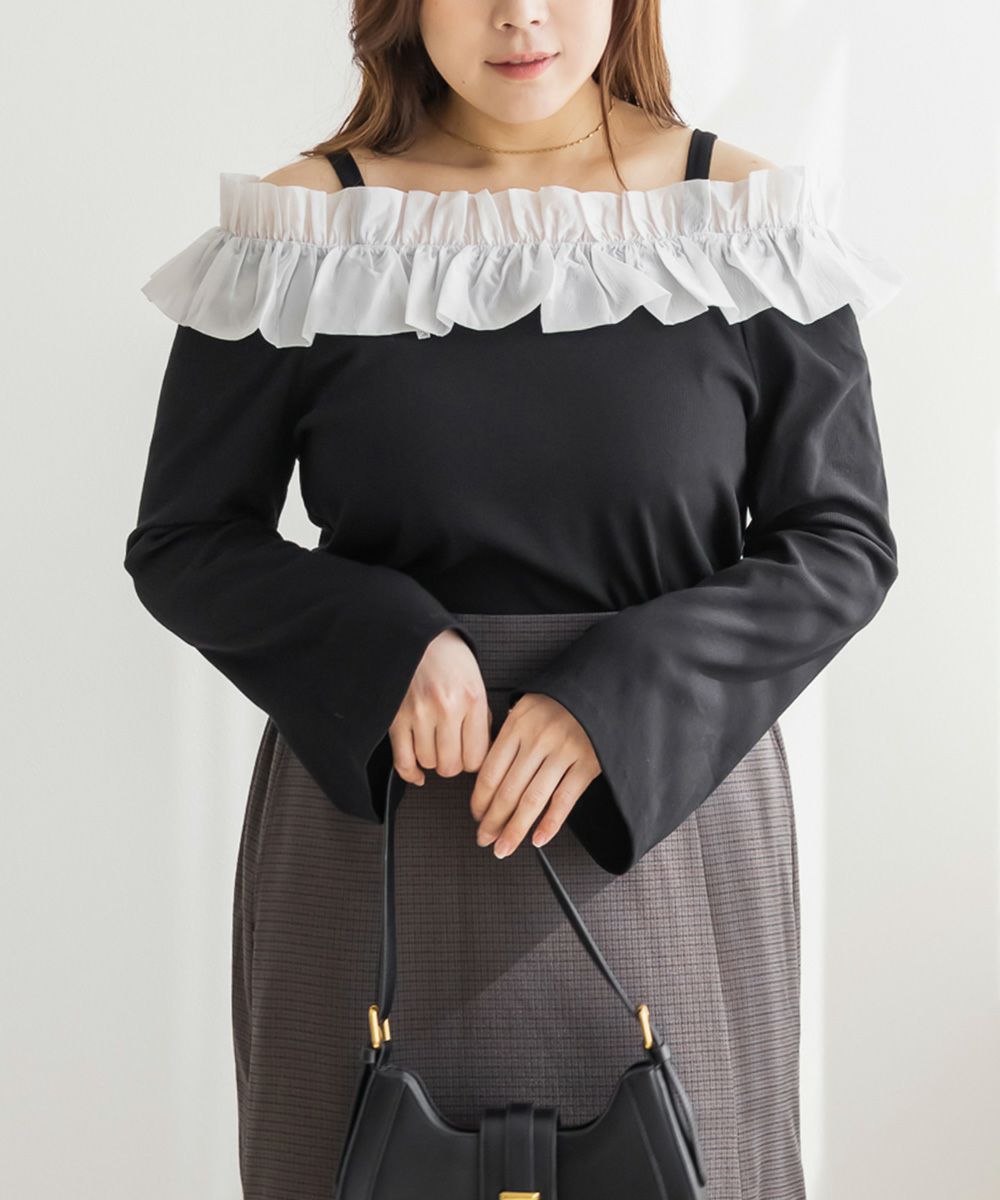 CLETTEオリジナルフリルオフショルリブトップス | 大きいサイズ