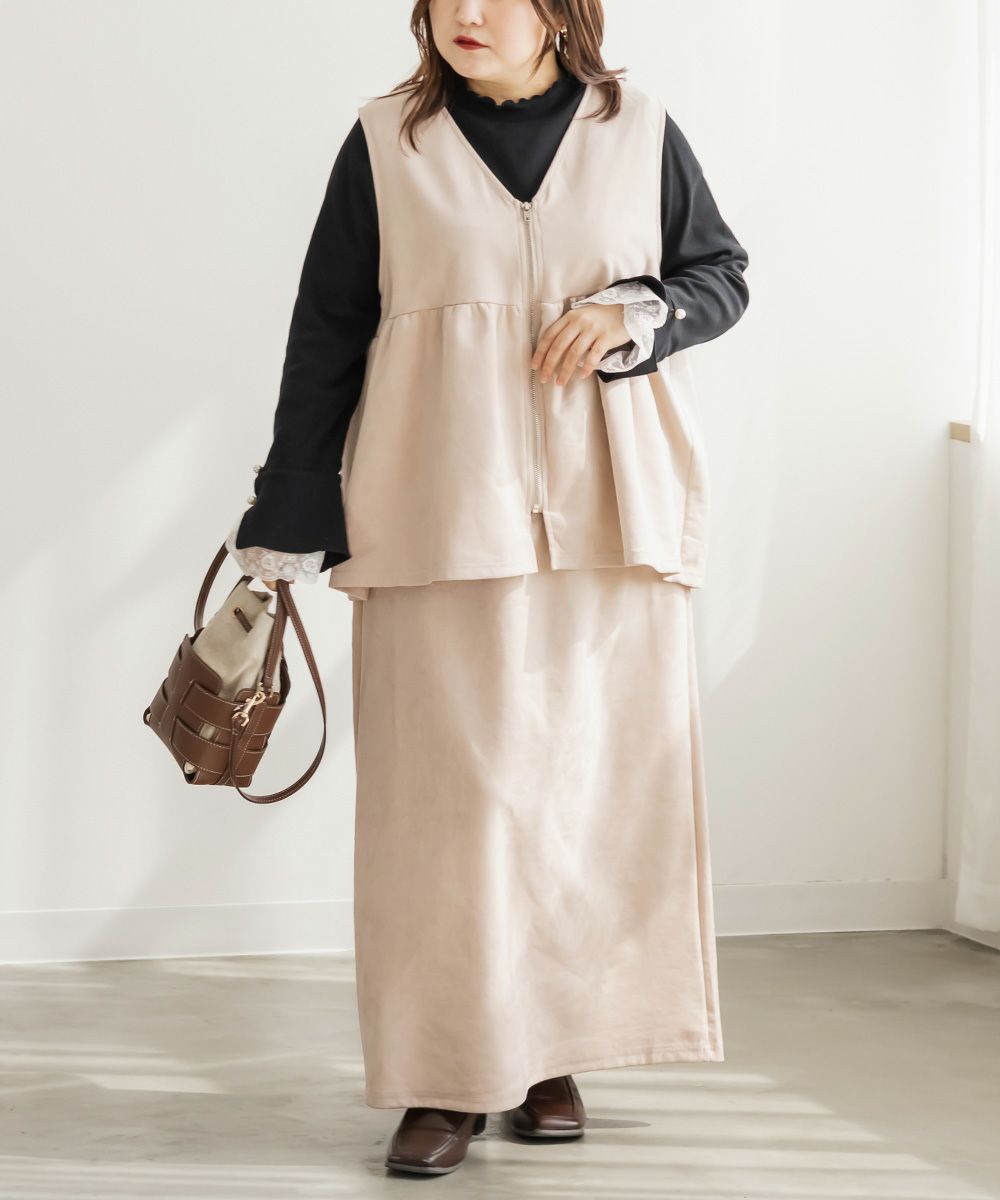 カットソースエードフロントジップペプラムベスト | 大きいサイズ