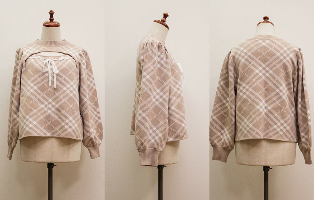 CLETTEオリジナルリボン使いチェック柄ニット | 大きいサイズ