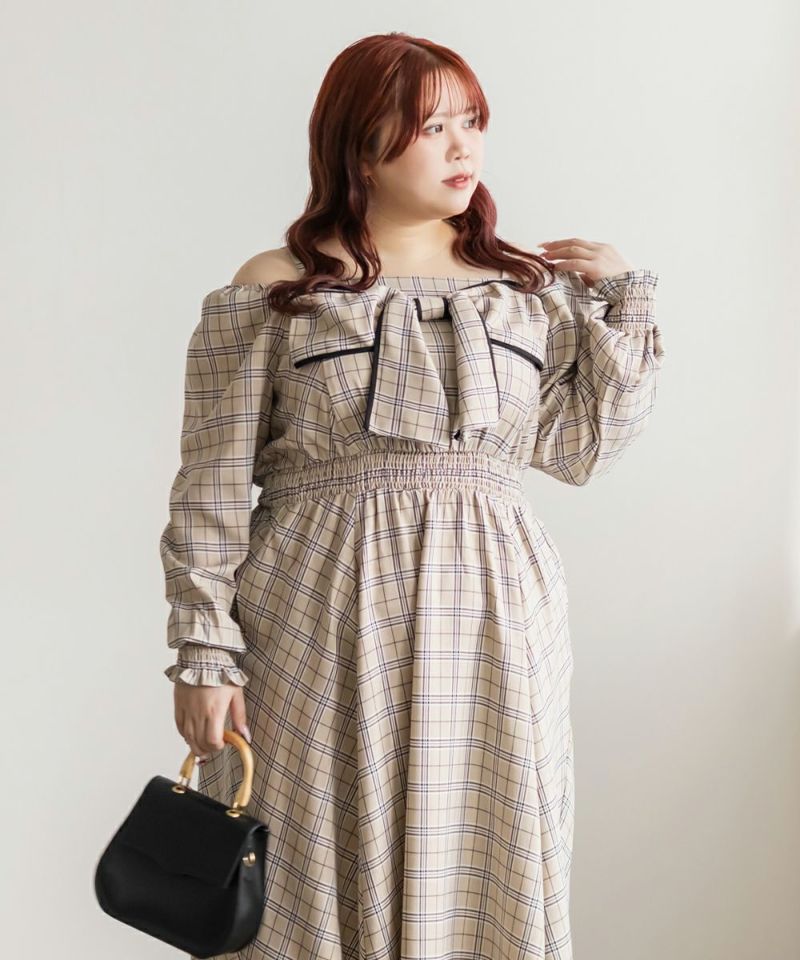オリジナルリボン柄OP CLETTEオリジナルチェック柄2WAYリボンワンピース | 大きいサイズ