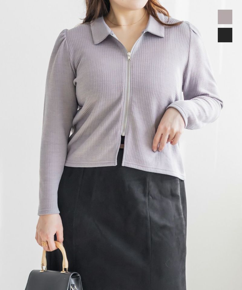 襟付きフロントジップリブプルオーバー | 大きいサイズ レディース専門